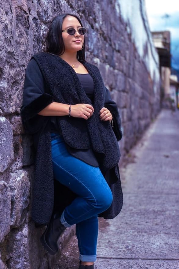 Samay Alpaca Wool Cape for Women Soft Winter Poncho with Faux Fur Collar & Cuffs Made in Ecuador