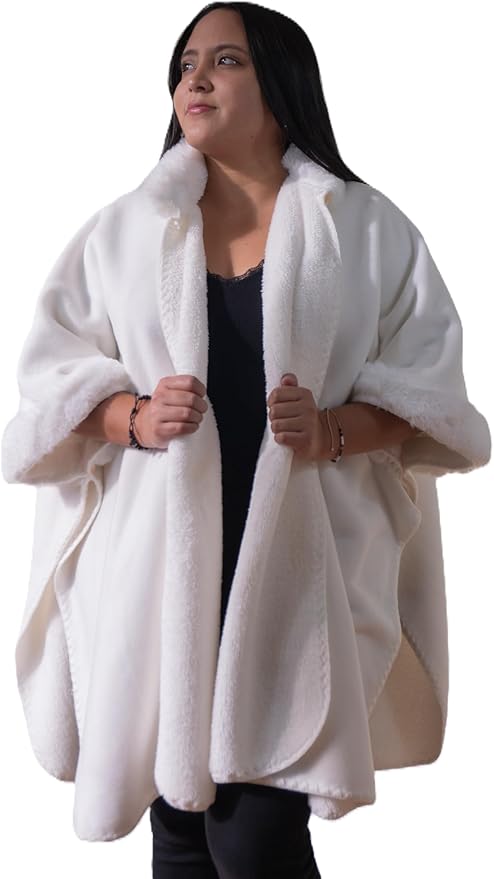 Samay Alpaca Wool Cape for Women Soft Winter Poncho with Faux Fur Collar & Cuffs Made in Ecuador