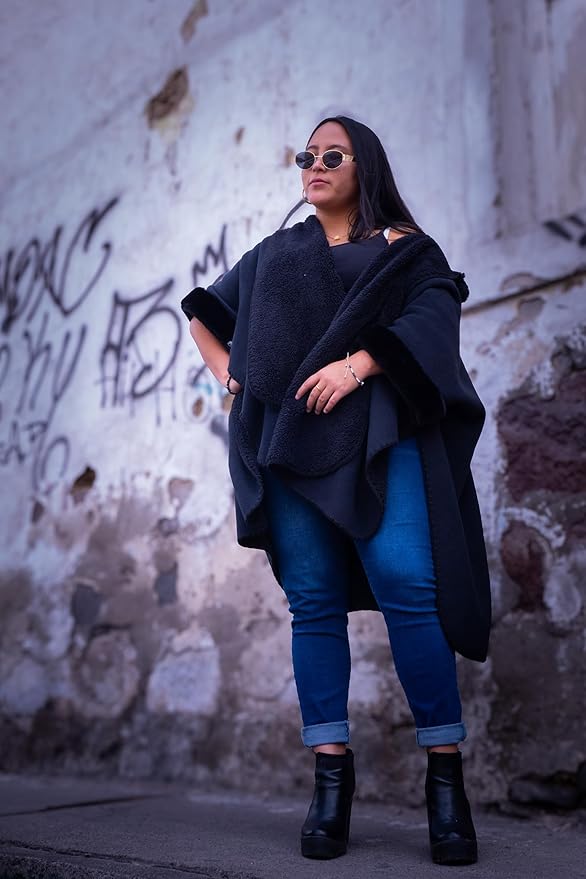 Samay Alpaca Wool Cape for Women Soft Winter Poncho with Faux Fur Collar & Cuffs Made in Ecuador