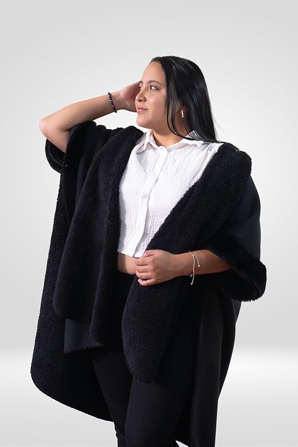 Samay Alpaca Wool Cape for Women Soft Winter Poncho with Faux Fur Collar & Cuffs Made in Ecuador